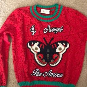 GUCCI MEDIUM EMBROIDERED RED LACE BUTTERFLY TOP